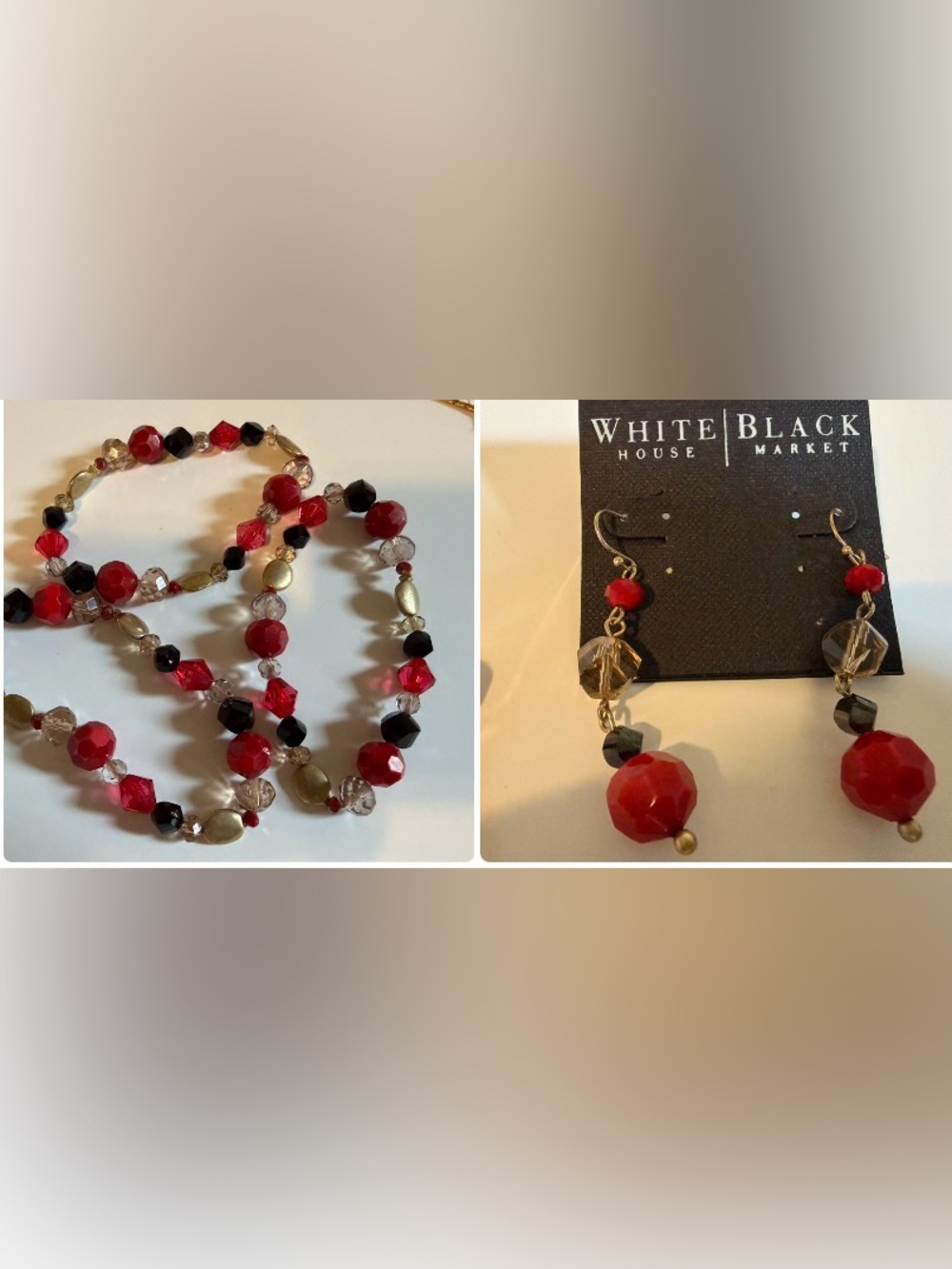 White House Black Market Women’s Red Beaded Bracelet and Earrings Set